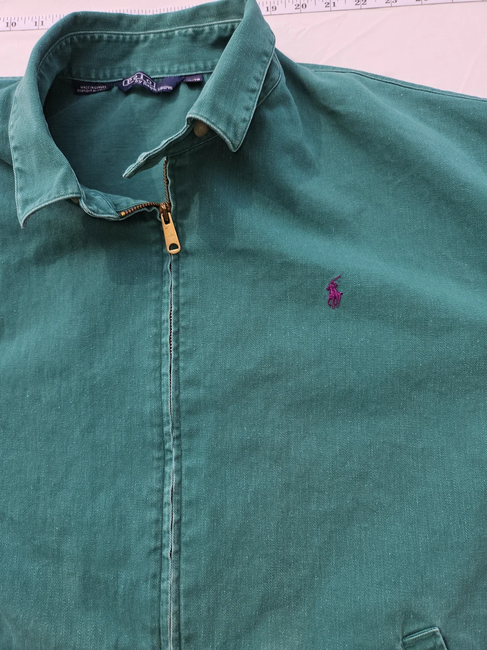Rare Polo Ralph Lauren Green 100%cotton Zip Jacket XL Flip Collar Made In Canada